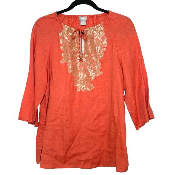 NWT Chicos Women’s 100% Linen Lace Detail Blouse Tangelo  Size Small (0) - Picture 2 of 9